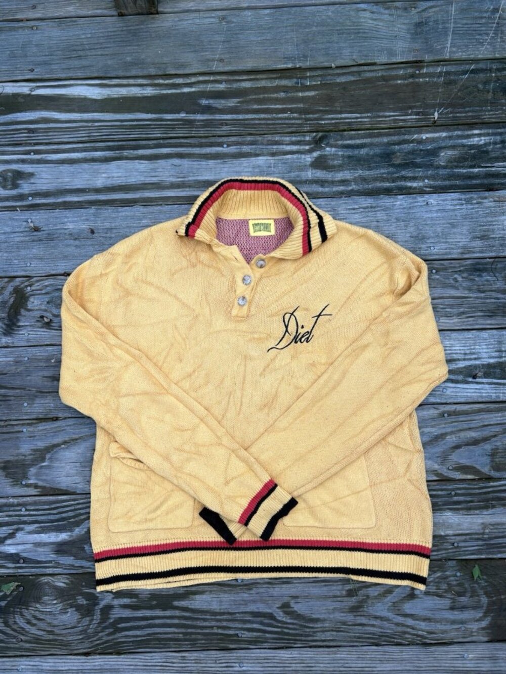 Diet Starts Monday Modern Knit Polo Sweater Yellow Lips Graphic Mens Large
